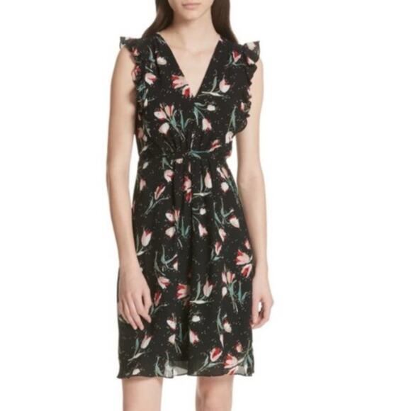 Rebecca Taylor Ikat Tulip Silk Black Floral V Neck Dress Tie Waist Ruffles 6 - Picture 1 of 10